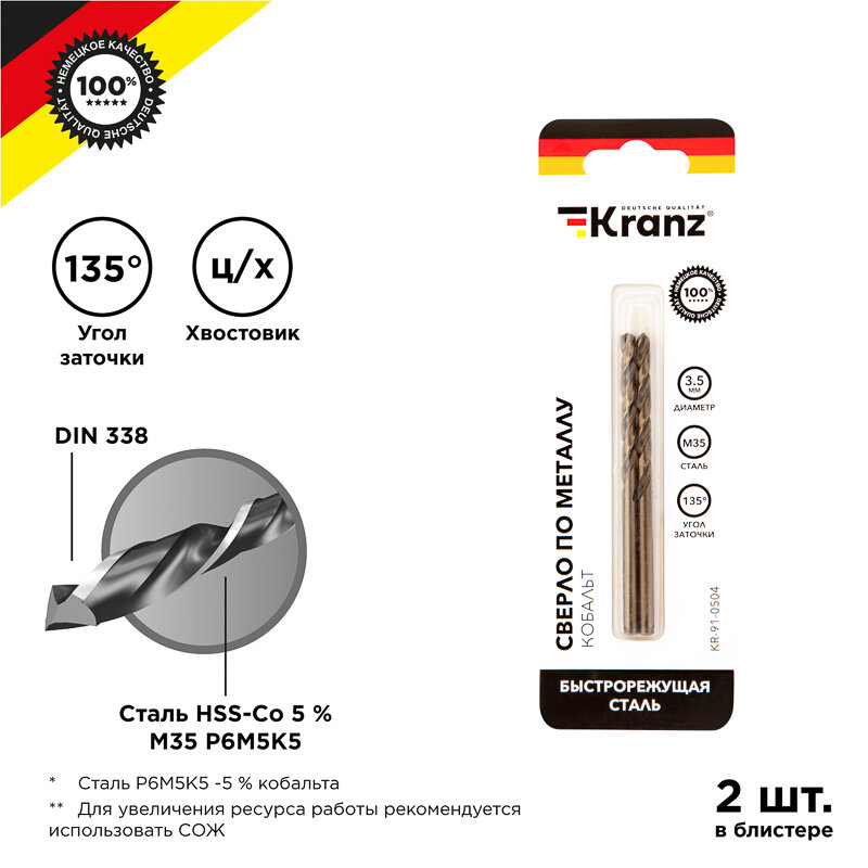 Сверло по металлу KRANZ 3,5 мм, с добавлением кобальта повышенной прочности, стандарт качества DIN 338