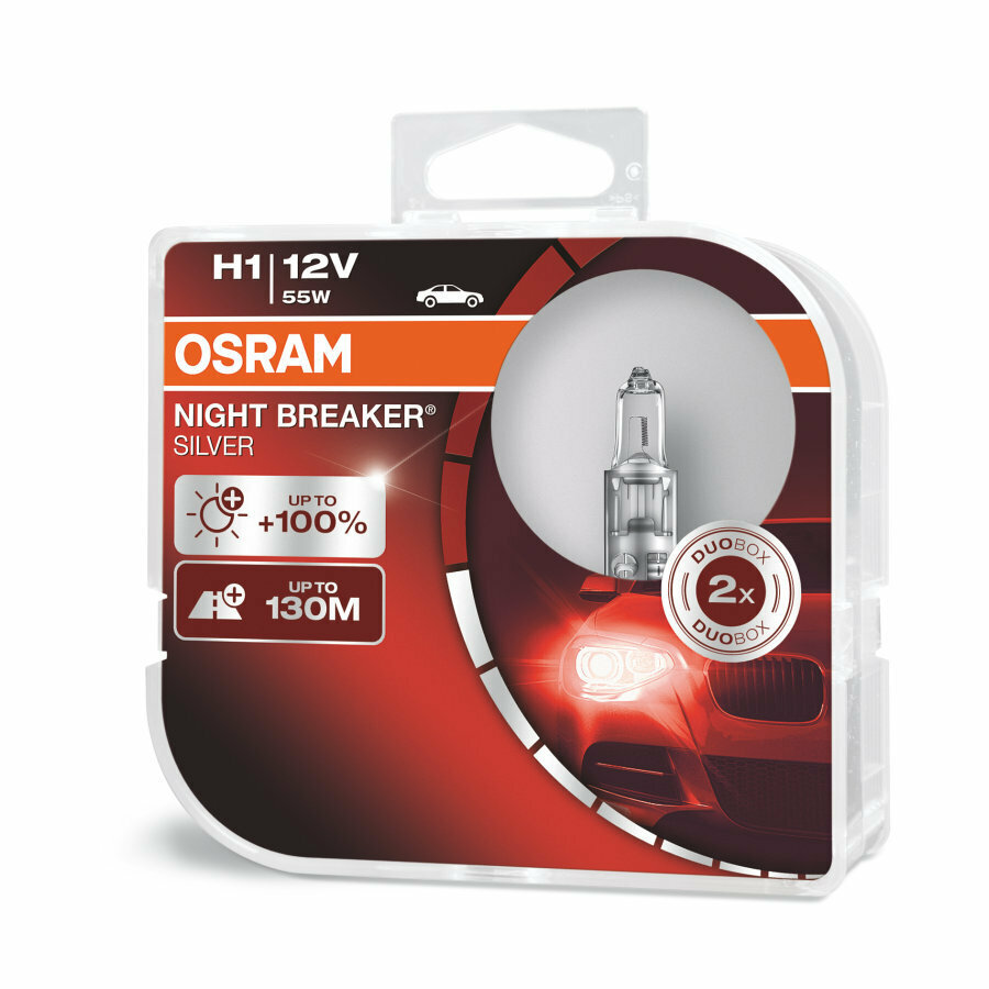 Лампа автомобильная галогенная Osram NIGHT BREAKER SILVER, H1, 12V, цоколь P14.5s, 2 шт