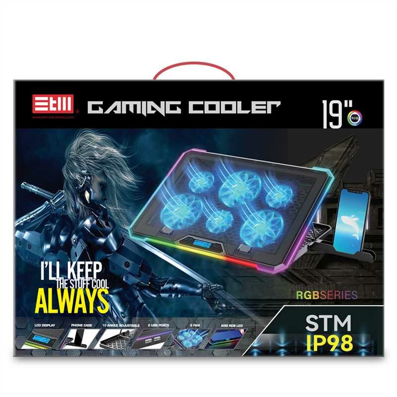 Регулируемая подставка для игровых ноутбуков, 6 вентиляторов, RGB LED подсветка, 10 углов наклона, держатель для смартфона, 2 USB , для экрана 13"-19" — фото 12