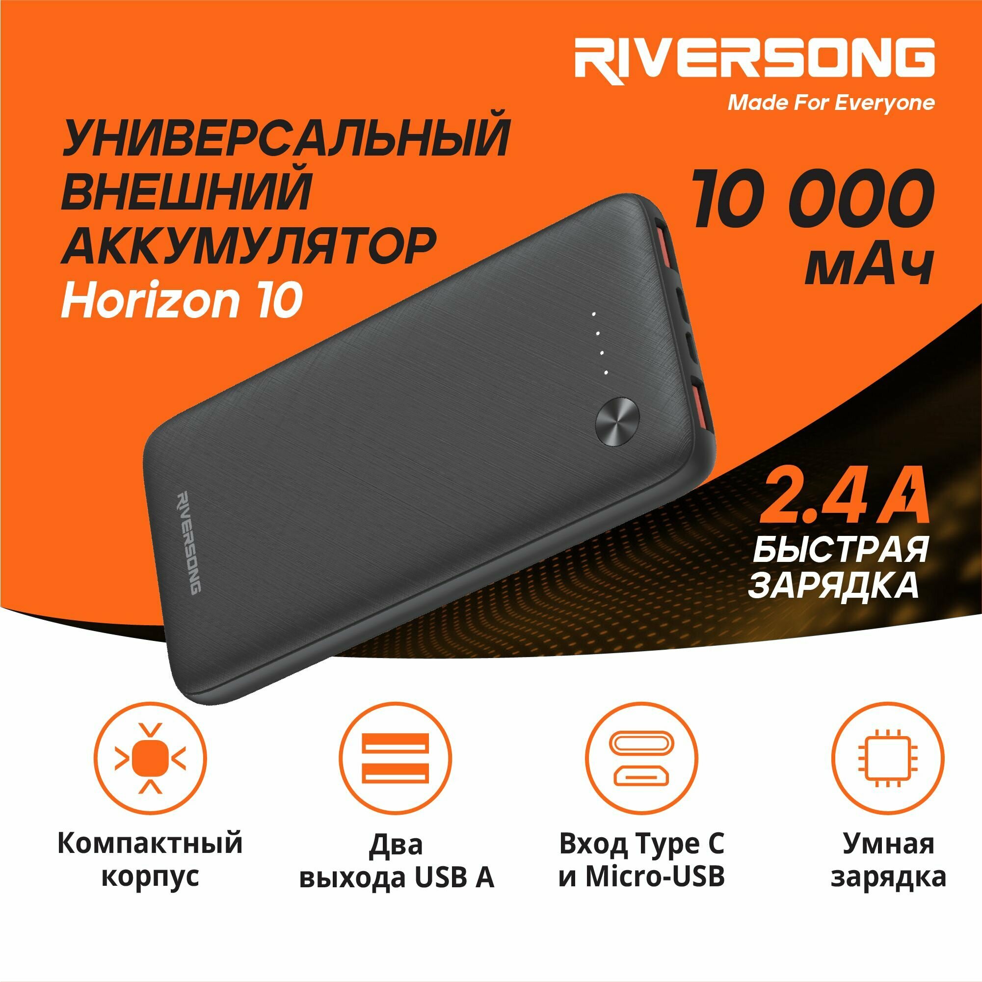 Внешний аккумулятор RIversong, повербанк 10000 мАч, вход Micro-USB + Type C, выход 2*USB A, 5В 2.4А, цвет черный (Horizon 10)