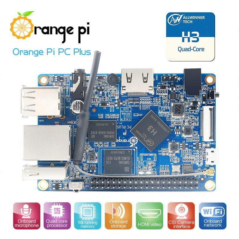 Одноплатный компьютер Orange Pi PC Plus (1GB RAM, 8GB eMMC)