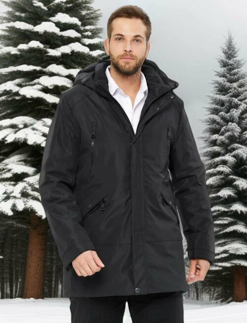аляска  Мужская зимняя куртка удлиненная с капюшоном, черная, размер 48, черный