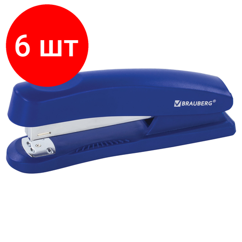 Комплект 6 шт, Степлер №24/6, 26/6 BRAUBERG Standard+, до 30 листов, полнозагрузочный, синий, 228607 комплект 4 шт степлер 24 6 26 6 металлический brauberg office до 30 листов полнозагрузочный черный 228610