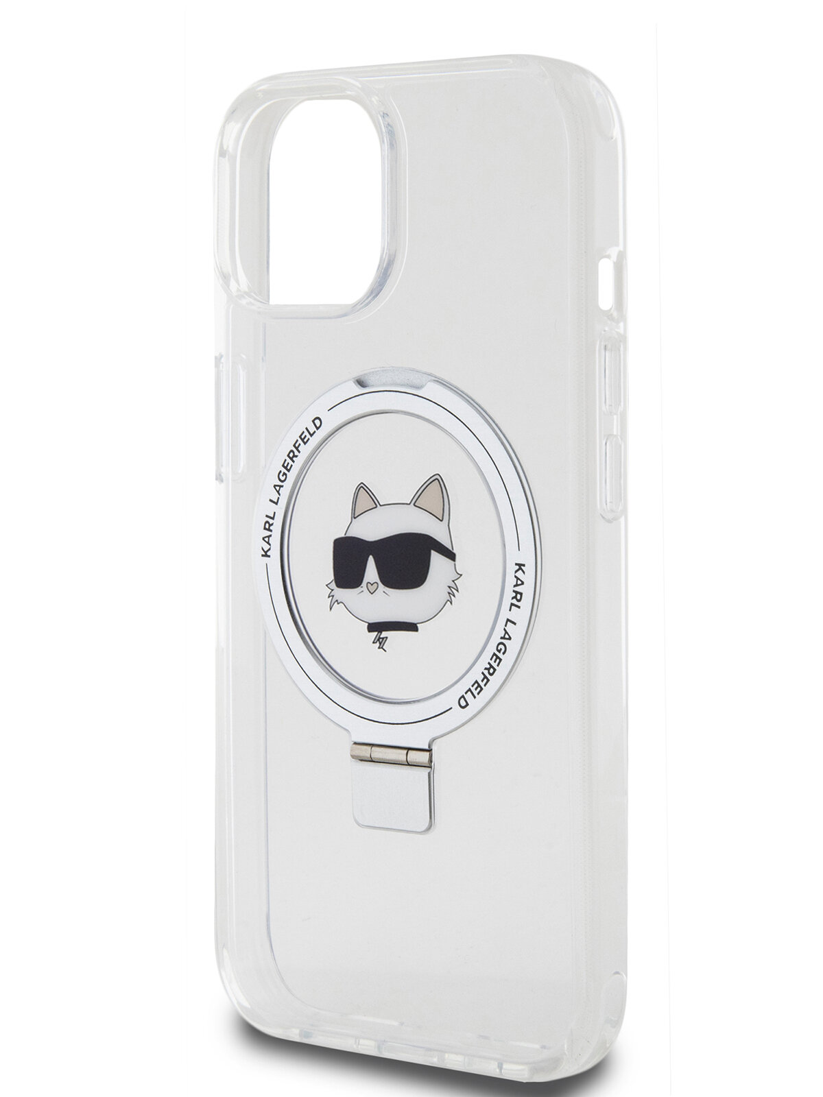 Lagerfeld для iPhone 15 чехол PC/TPU + Ring stand NFT Choupette head Hard White (MagSafe)