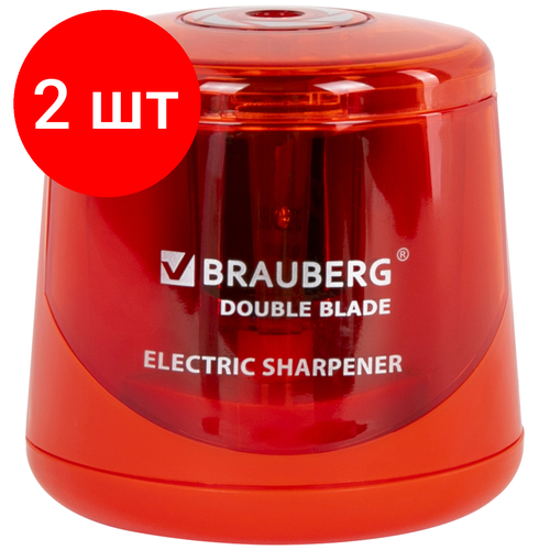 Комплект 2 шт, Точилка электрическая BRAUBERG DOUBLE BLADE RED, двойное лезвие, питание от 2 батареек АА, 271338