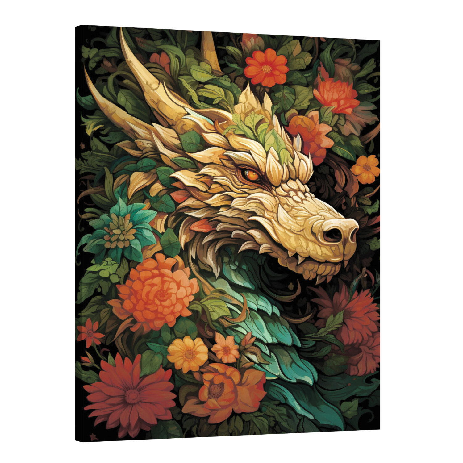 Интерьерная картина 50х70 "Деревянный дракон в зеленом поле цветов"