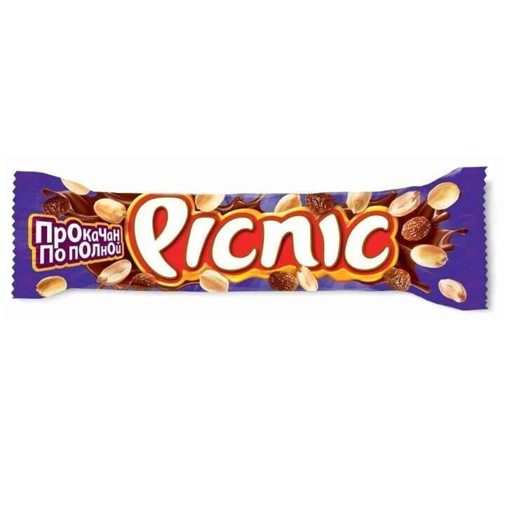 PICNIC Шоколадный батончик, Изюм, арахис, карамель, вафли, воздушный рис, Флоу-пак, 38г* 10шт