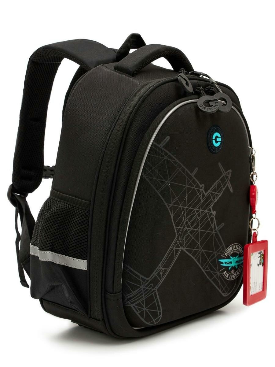 фото Рюкзак школьный с ортопедической спинкой Grizzly RAz-487-7/3 черный - небесный, на ножках, вес 990 грамм, 2 отделения, 36x28x20см