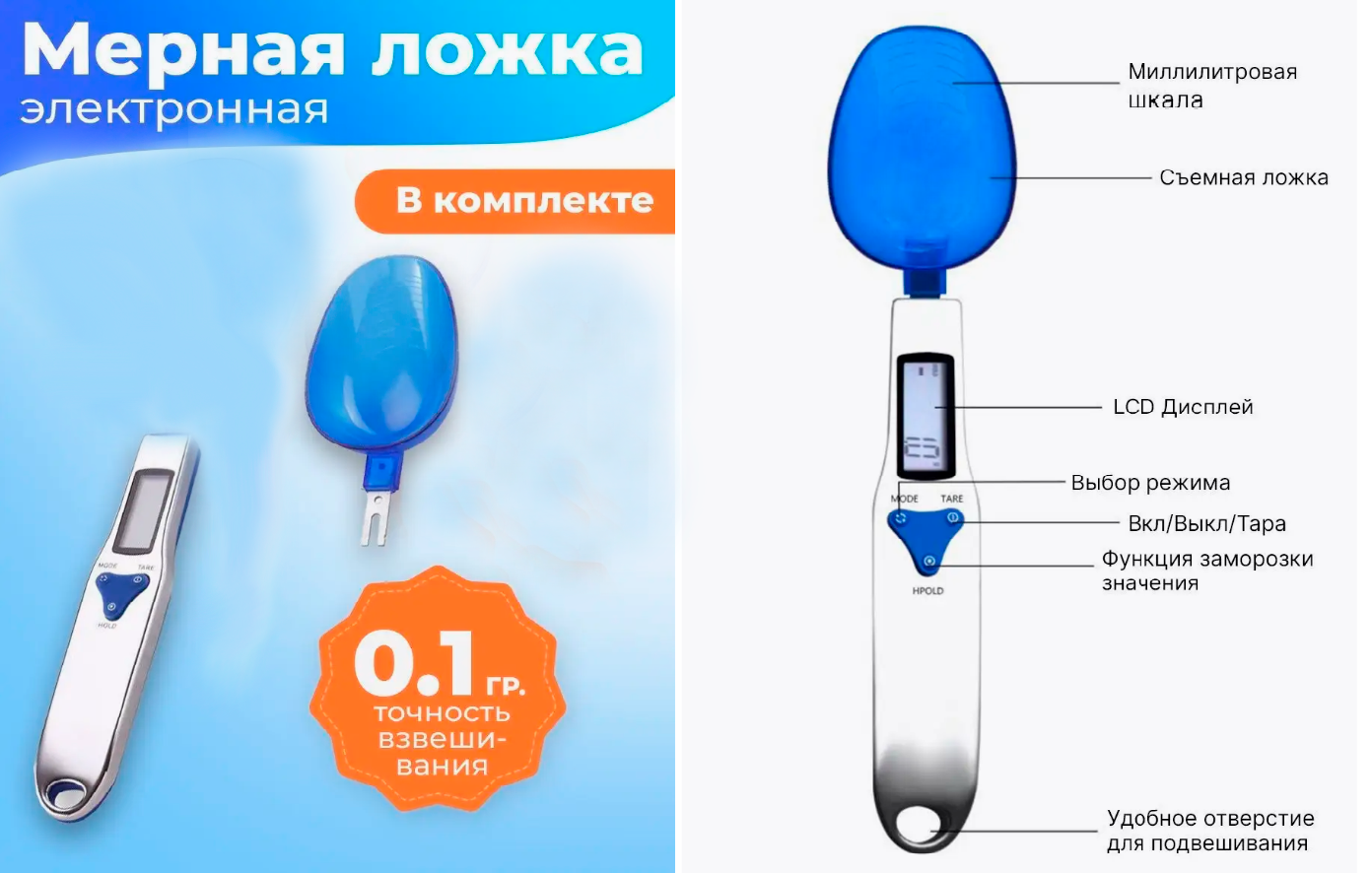 Электронные кухонные весы/Мерная ложка-весы 30 мл, синий