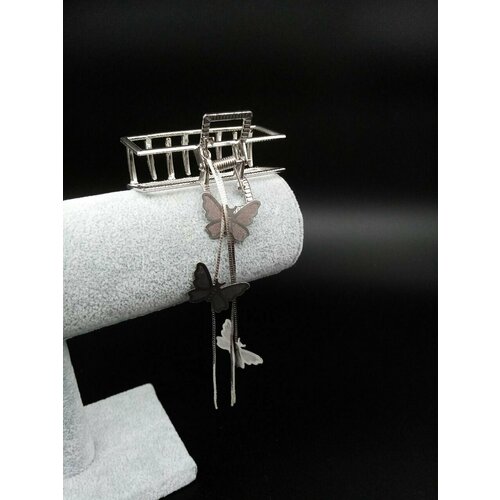 Металлическая заколка краб Прямоугольник с подвесными бабочками, цвет серебро