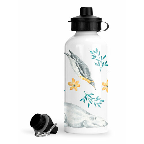 фото Спортивная бутылка белый мишка и пингвин желтый цветок luzimuzi