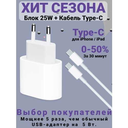 Сетевое зарядное устройство Lux качества Type-C 25W + кабель USB-C - USB-C, 1м для iPhone 15, iPad, AirPods, SpaceCat