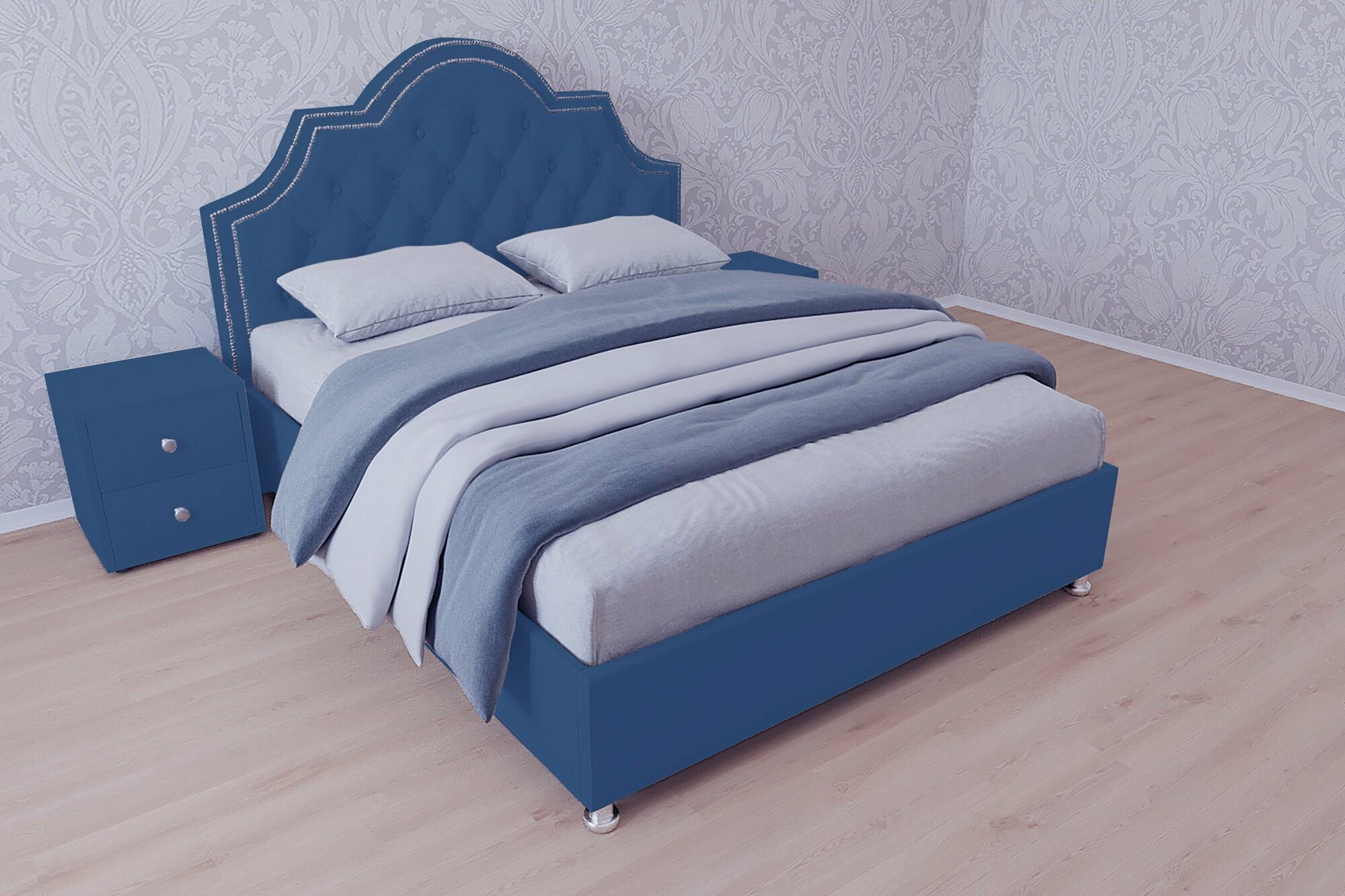 Односпальная кровать Мирабель 80x200 основание металлическое с ламелями велюр синий ножки 5 см