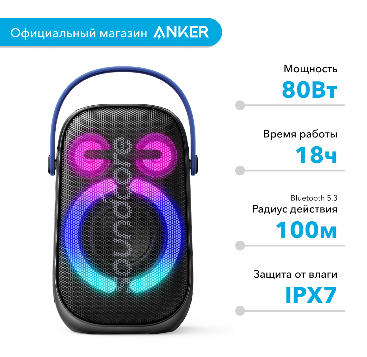 Портативная колонка Soundcore Rave Neo 2 / Блютуз Bluetooth колонка со светомузыкой (A33A1), черный