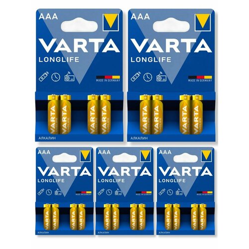 Батарейки ААА VARTA LONGLIFE AAA LR03 мизинчиковые, щелочные, 20 шт батарейки varta longlife power c lr14 20 шт