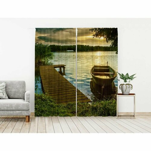 Комплект штор из блэкаута, Река на закате, 150/260 - 2 полотна