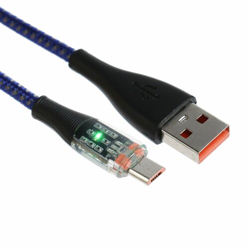 Кабель, 2 А, MicroUSB - USB, прозрачный, оплётка нейлон, 1 м, синий