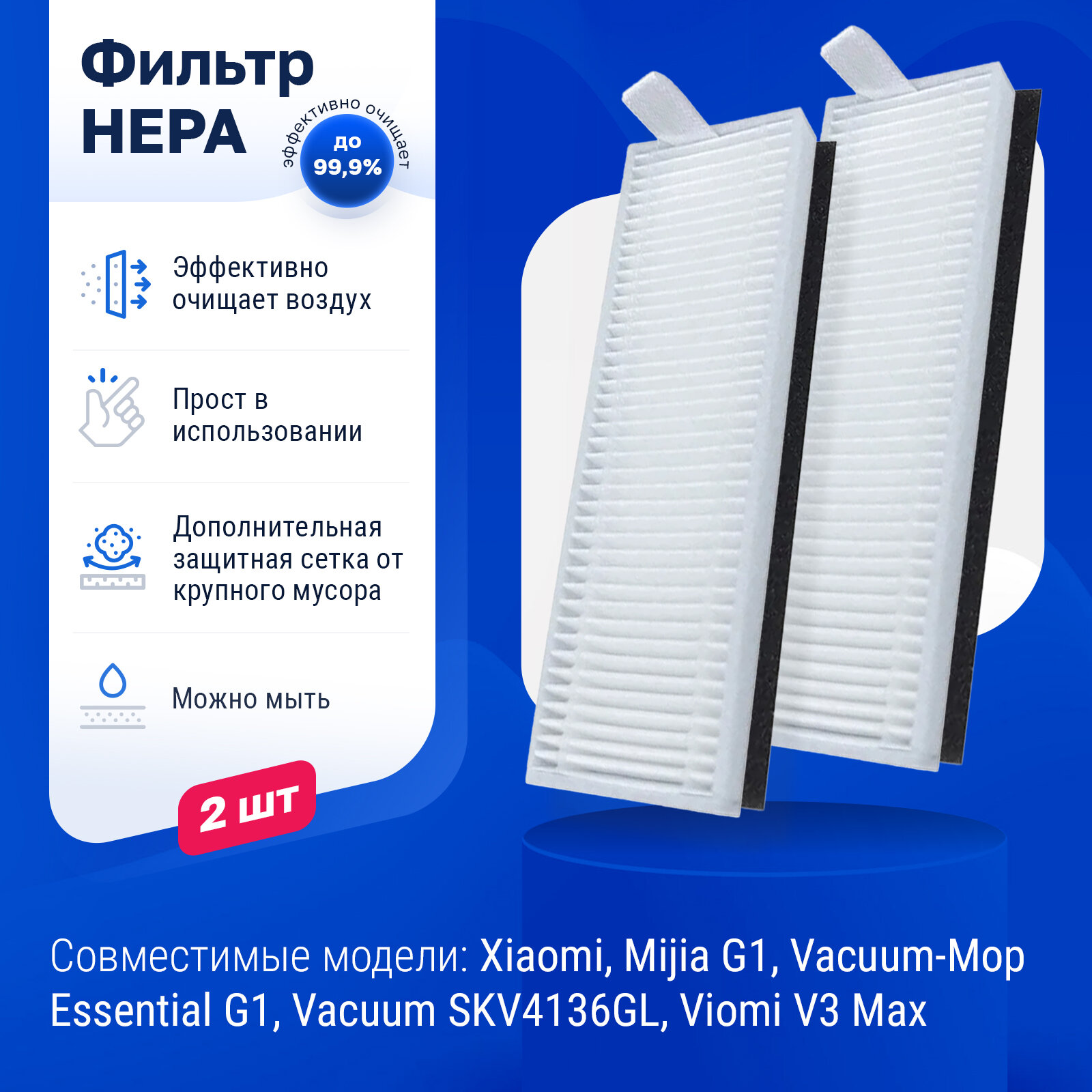 Комплект фильтров для робота пылесоса Xiaomi, Mijia G1, Vacuum-Mop Essential G1, Vacuum SKV4136GL - 2 шт