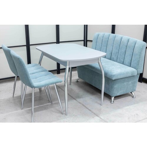 Обеденная группа Альт-5 Дуо, стол серый матовое стекло, 110(140)х70 см, обивка дивана антивандальная, моющаяся, антикоготь, цвет ментол.