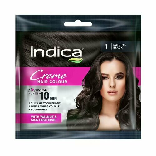 Indica CREME Hair Colour, NATURAL BLACK 1 (Крем-краска для волос, лёгкое окрашивание за 10 минут, натуральный черный, Индика), 40 мл.