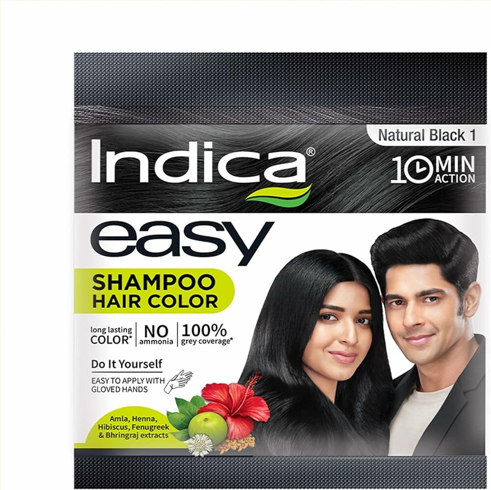 фото Indica EASY Shampoo hair colour, NATURAL BLACK 1 (Шампунь-краска для волос, Легкое окрашивание за 10 минут, натуральный черный, Индика), 20,5 мл.
