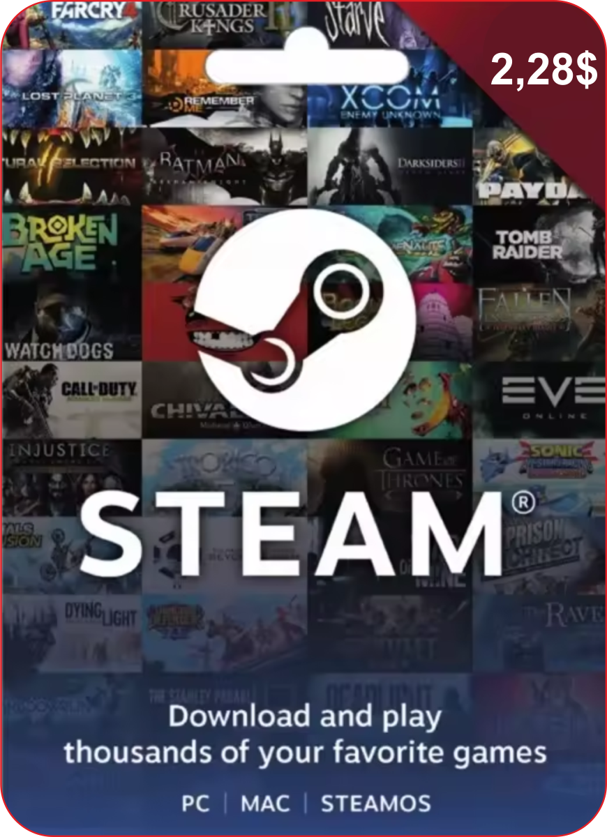 Пополнение кошелька Steam на 2,28 USD / Gift Card 2,28 $ Global (Глобальный ключ активации) / не подходит для России, Китая, Кореи, Бразилии, Таиланда.