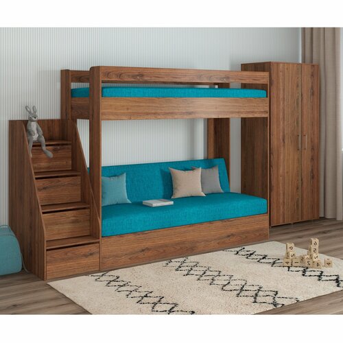 Кровать двухъярусная с диваном и лестницей-комодом Есэндвич new Лаворо, 248х87х174 см (Дуб Аризона/Дуб Аризона/Savana Plus Lagoon)