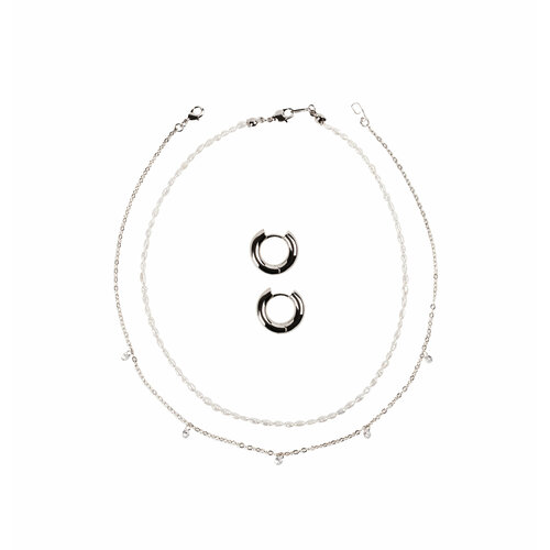 Комплект бижутерии VERUSCHKA JEWELRY: серьги, цепь, колье, фианит, жемчуг пресноводный, размер колье/цепочки 36 см, серебряный