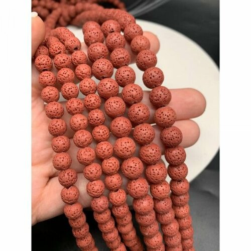 Каменные бусины, вулканическая лава люкс, пористая тонированная, кирпичная, шарик гладкий, 8 мм, длина нити 38 см, около 47 бусин