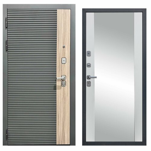 Дверь входная металлическая DIVA-76 Зеркало 2050*860 Левая (Дуб / Серая - Д15 Сандал Белый), тепло-шумоизоляция, антикоррозийная защита для квартиры.