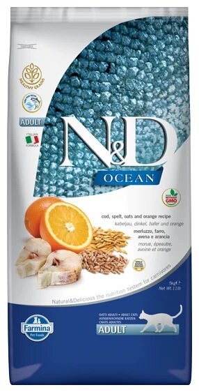 N&D Cat Ancestral Grain с треской и апельсином низкозерновой сухой корм для кошек 5кг
