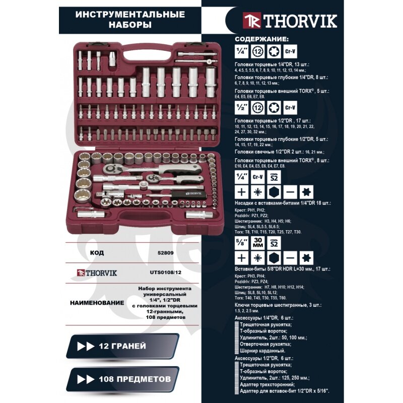 UTS0108/12 Набор инструмента универсальный 1/4", 1/2"DR с головками торцевыми 12-гранными, 108 предм Thorvik - фото №14