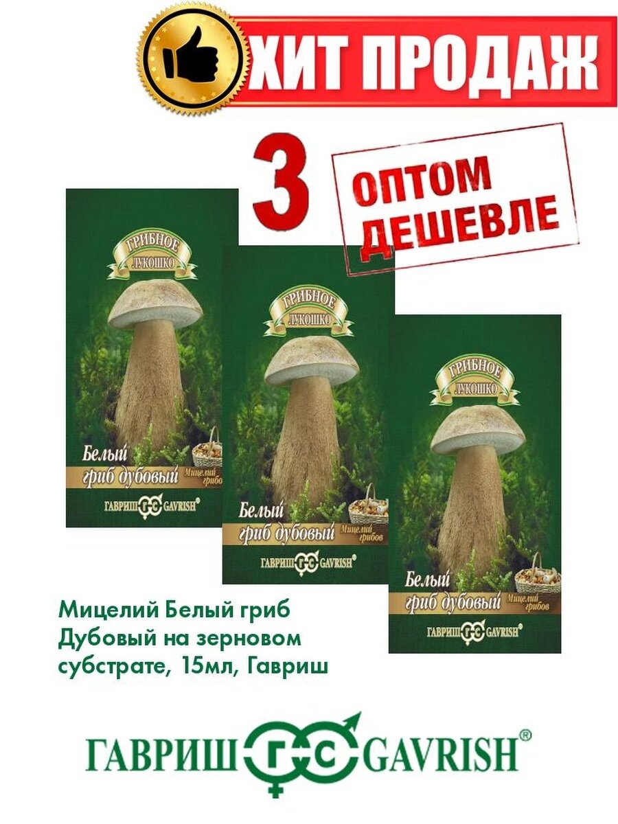 Белый гриб Дубовый на зерновом субстрате 15 мл.(3уп)