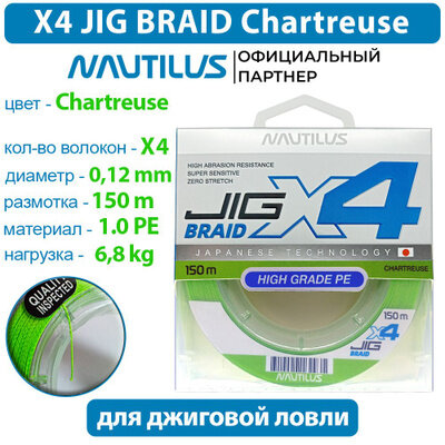 Шнур Nautilus X4 Jig Braid Chartreuse d-0.12мм 6.8кг 1,0PE 150м
