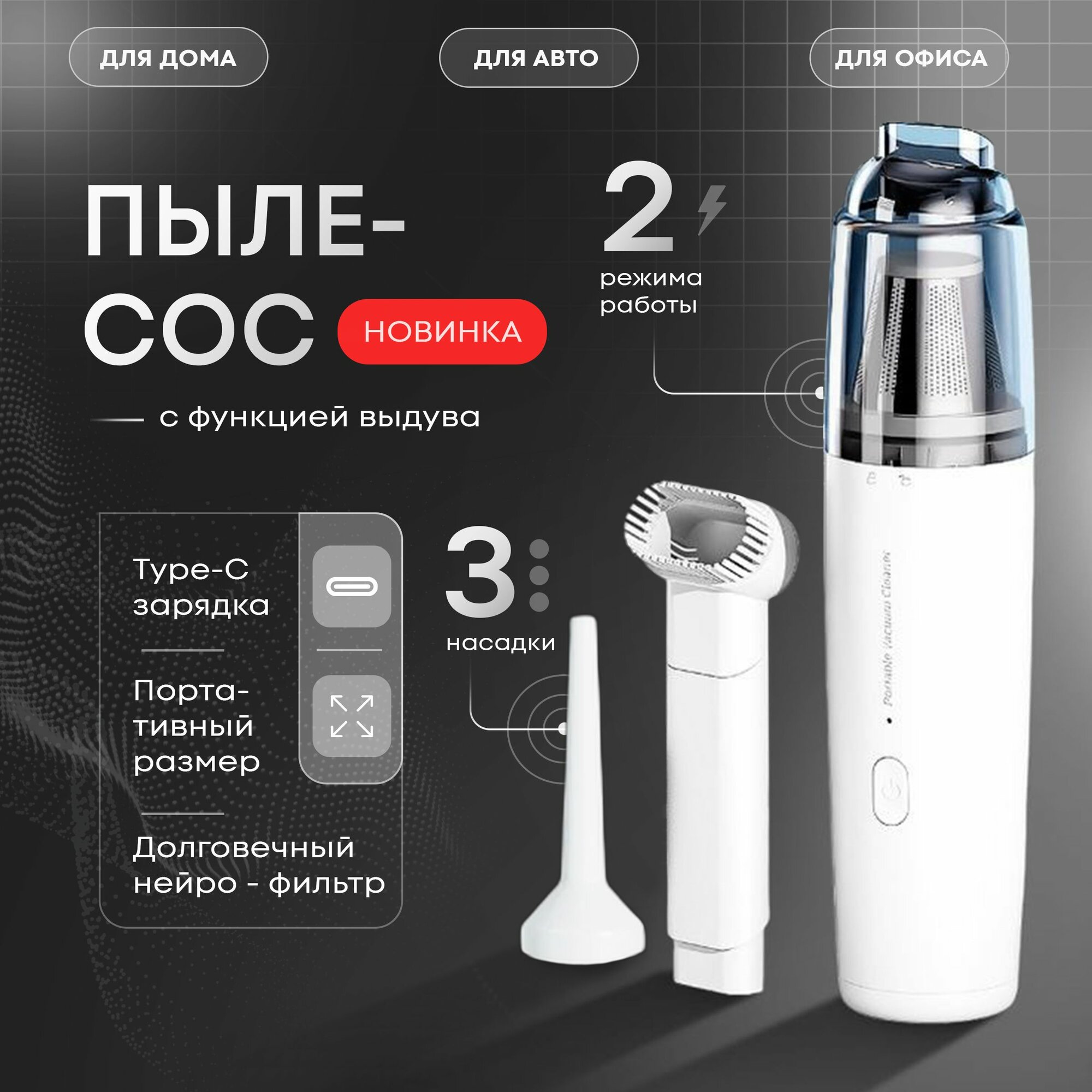 фото Ручной пылесос для автомобиля беспроводной , автомобильный беспроводной пылесос ручной , белый , 3 насадки