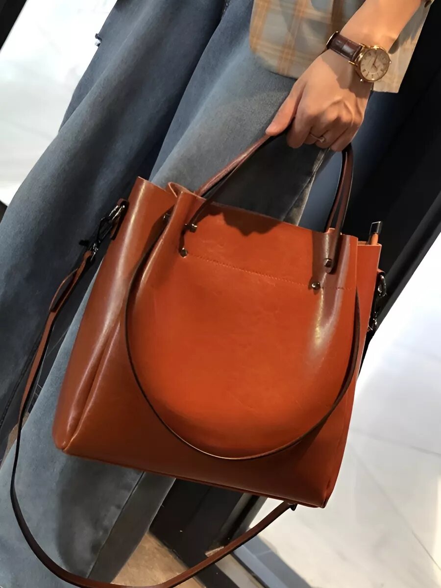 фото Сумка-тоут "Повседневная" из натуральной кожи оранжевая