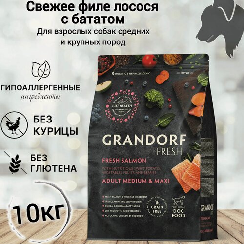Изображение товара Сухой корм для собак Grandorf FRESH Dog Adult MED&MAXI, Филе лосося с бататом для собак средних и крупных пород, 10 кг