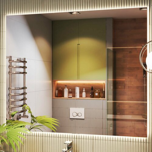 Зеркало с подсветкой в ванную 120х100 см Modul Comfort OLEVARO с бесконтактным включением на взмах, функция антизапотевания, нейтральный белый свет 5000К