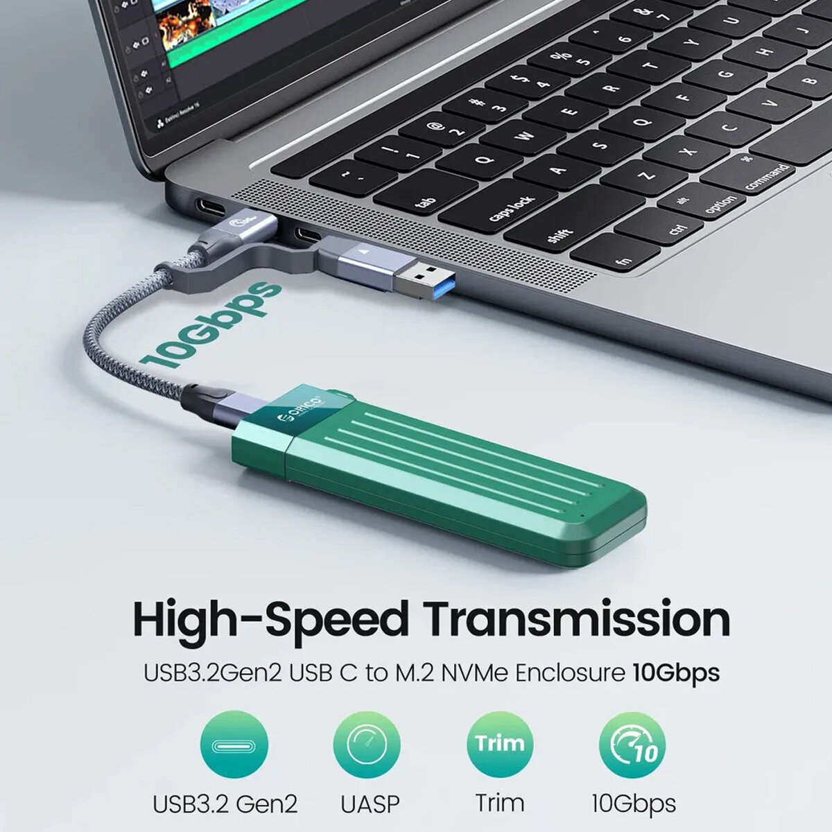 Внешний SSD накопитель ORICO nvmessd, M.2, NGFF, тип подключения Type-C, USB зеленый — фото 1