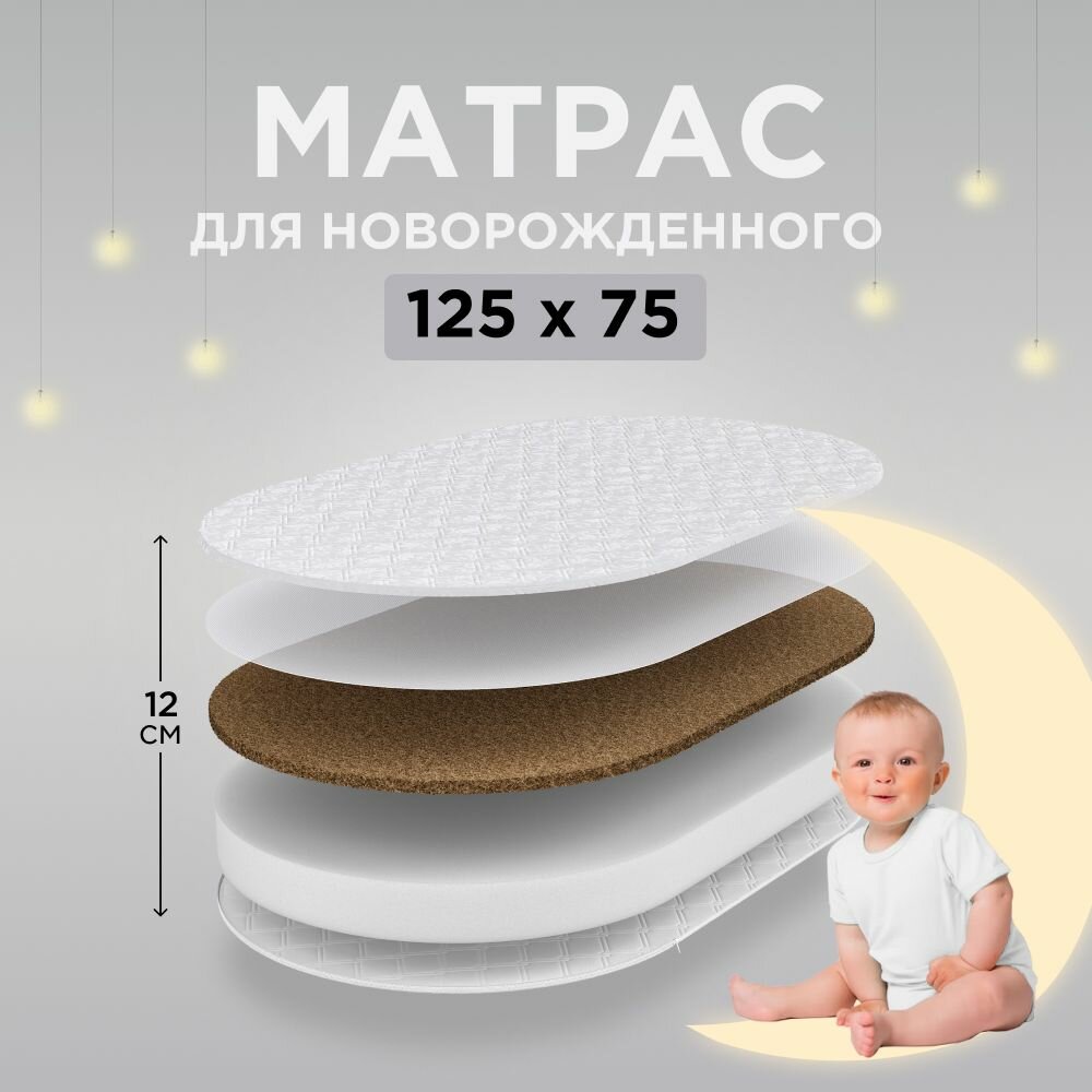 Овальный матрас для новорожденных 125х75 (ППУ + кокос)
