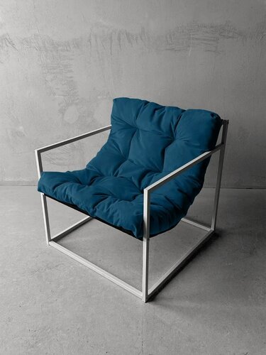 Изображение товара Кресло мягкое удобное для отдыха, уличное, на балкон, на веранду, в стиле лофт, минимализм, Комфи + велюр синий, белый металл