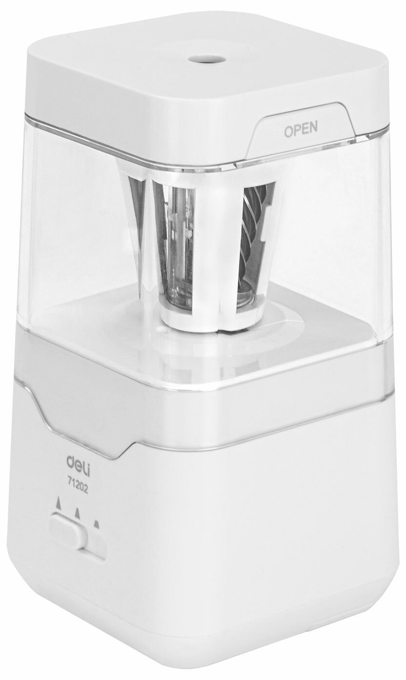 Точилка электрическая Deli для карандашей, 1 отверстие, пластик, батарея, USB, белый (E71202)