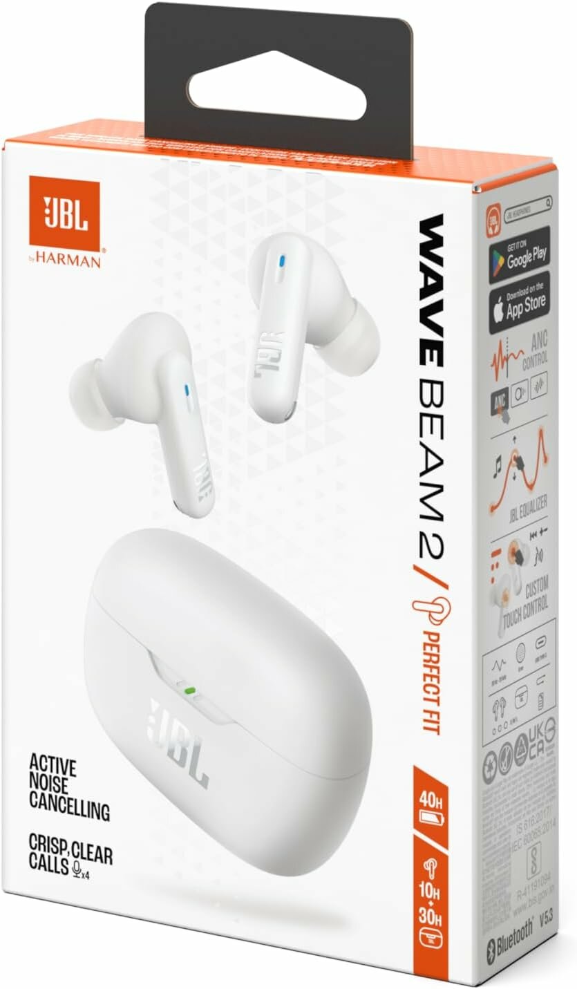 Беспроводные наушники TWS JBL Wave Beam 2, шумоподавление ANC, 40 часов, Bluetooth 5.3, влагозащита IP54, белый