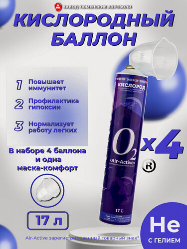 Изображение товара Набор 4 кислородных баллончика с гелием и надежной маской "Комфорт", Тюменские аэрозоли