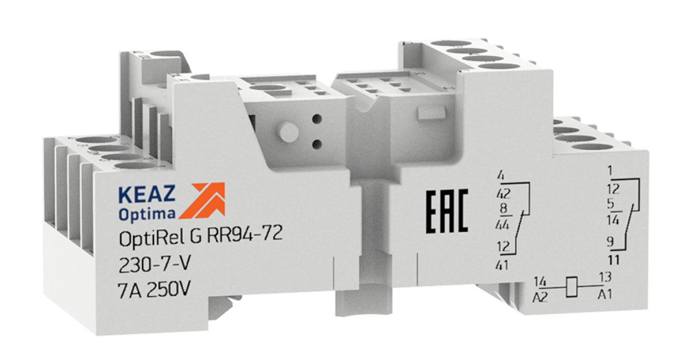 Розетка для реле КЭАЗ OptiRel G RR94-72-230-7-V с зажимами выводов, в пластиковом корпусе, серый, 7А, 230В, IP20 / электрика