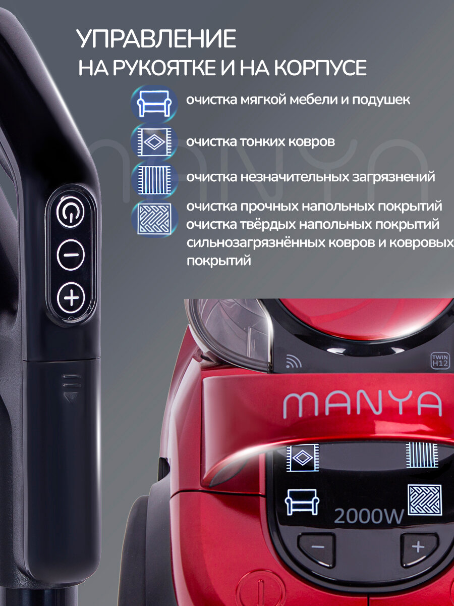Пылесос MANYA VC-M2007R, контейнер для сбора пыли, мощность 2000Вт — фото 1