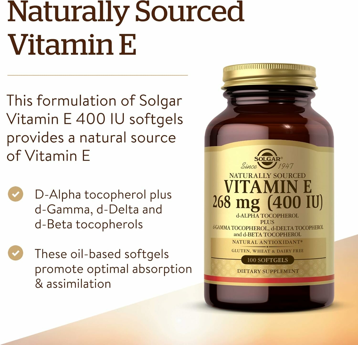 Изображение Solgar, Vitamin E 400ME d-alpha , Витамин E д-альфа токоферол в мягких капсулах, 268 мг, 400 МЕ, 100 шт.