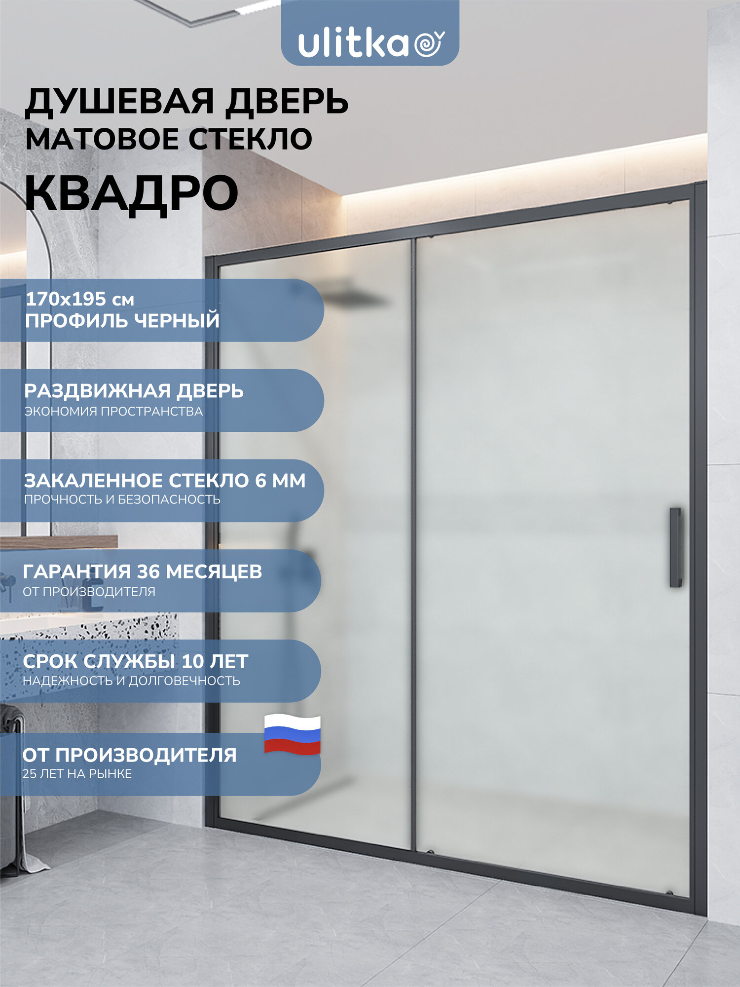 Душевая дверь в нишу 170х195 см. Квадро стекло матовое, профиль черный