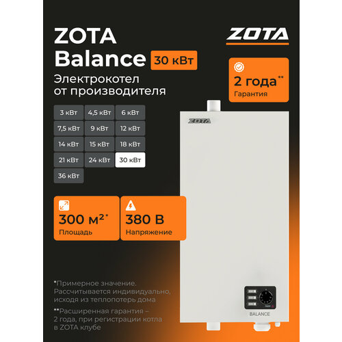 фото Котел электрический отопления zota balance v2 30 квт (до 300 м2) настенный, одноконтурный электрокотел отопления zb3468421030