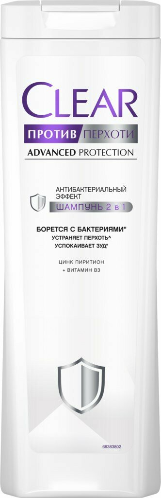 Шампунь против перхоти для волос CLEAR Антибактериальный эффект, 380мл, Россия, 380 мл